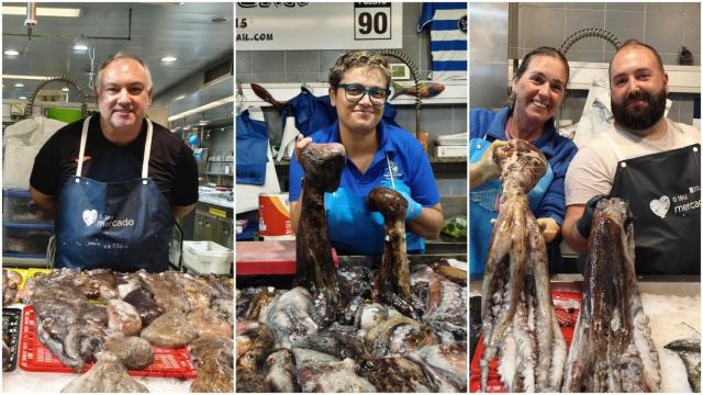 Placeros de la plaza de Lugo de A Coruña posando con ejemplares de pulpo