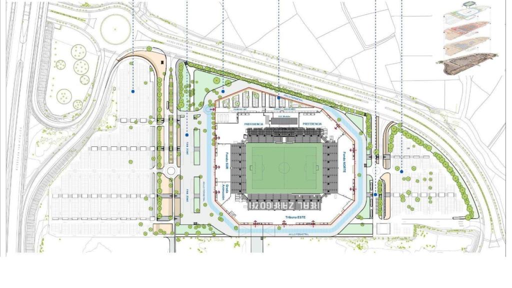 Anteproyecto del estadio modular con una grada de animación en el Fondo Sur