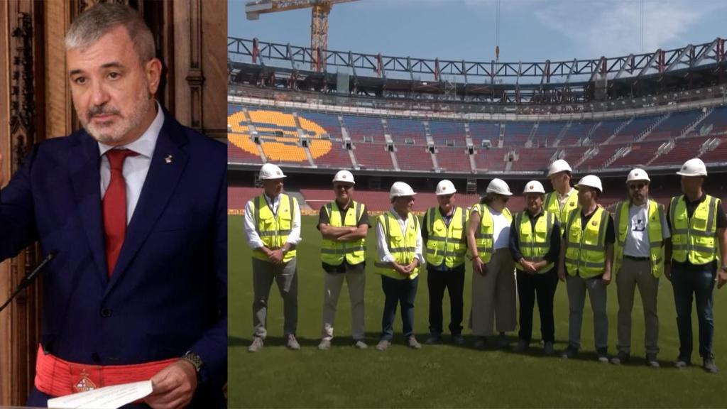 Jaume Collboni, en un fotomontaje junto a la última visita al Camp Nou de la directiva del FC Barcelona