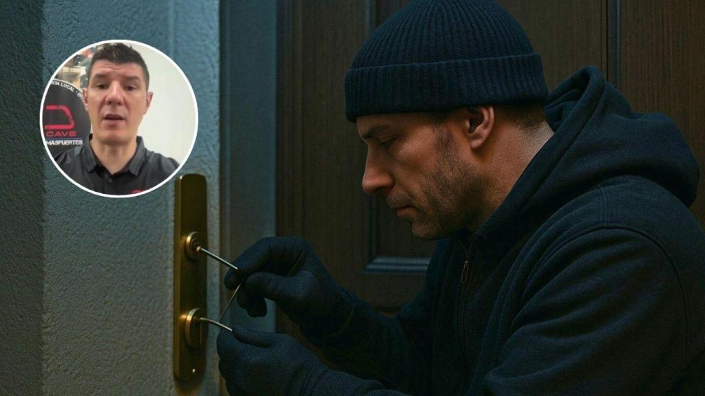 Montaje con okupa intentando entrar a una vivienda y Esteban, policía.