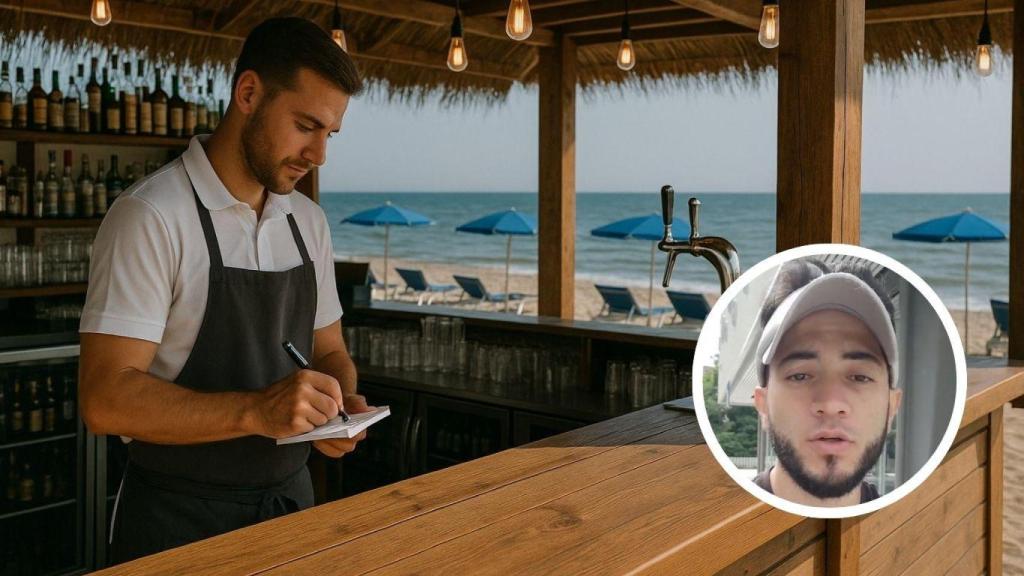 Montaje con camarero trabajando en un chiringuito en la playa y Viviendo con 1 Euro.
