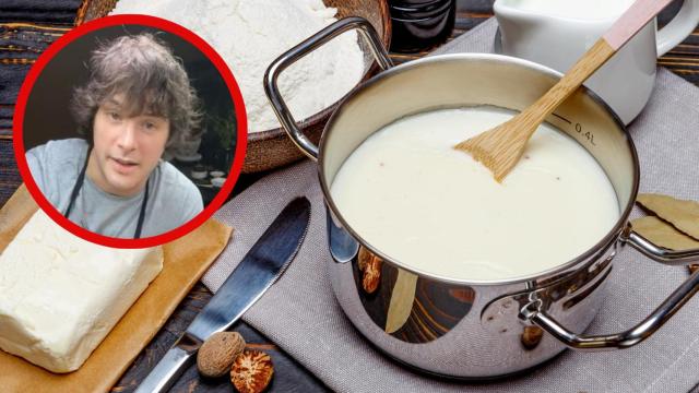 Jordi Cruz y una olla con bechamel. Montaje de Cocinillas.