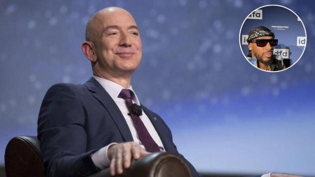 Montaje de Chris Smalls, exempleado de Amazon, en una imagen de Jeff Bezos.