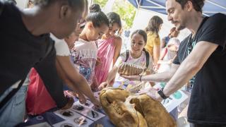 Varios niños en el laboratorio al aire libre durtante la “Green Week Unizar”.