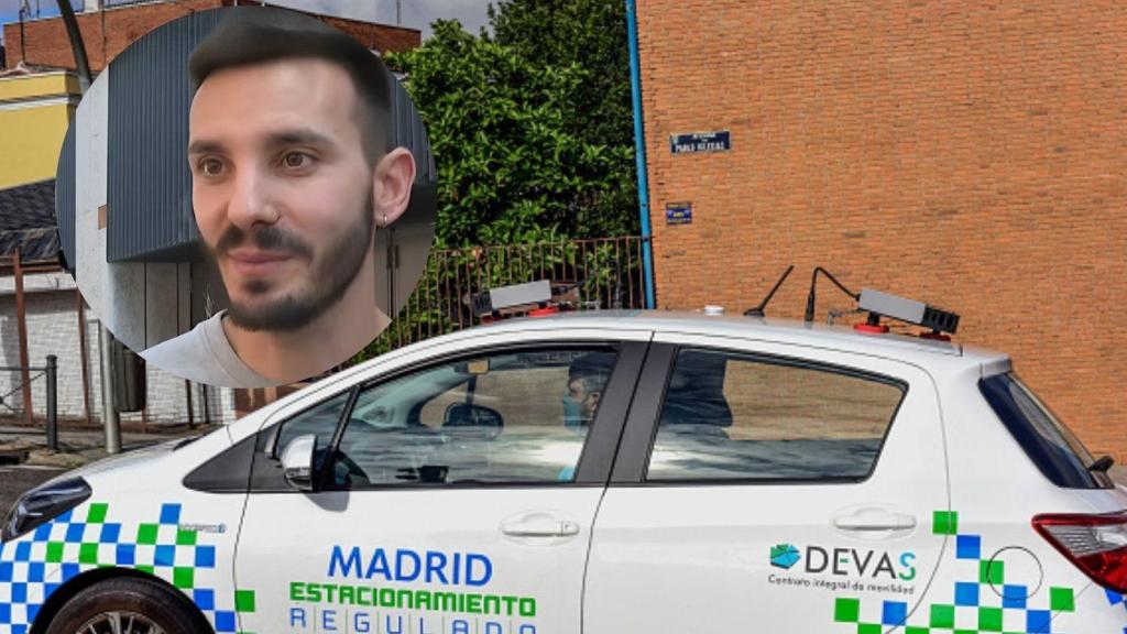 Imagen del vecino de Madrid junto con un coche encargado de la regulación de estacionamiento.