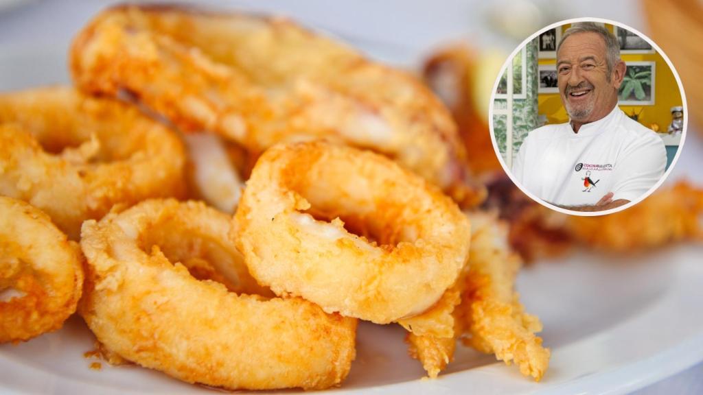 El chef Karlos Arguiñano junto a unos calamares fritos.