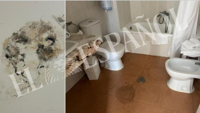 El techo del baño de una de esas habitaciones a las que han ido recientemente los policías. A la derecha, el servicio de otra de esas pensiones para los agentes por 48 euros.