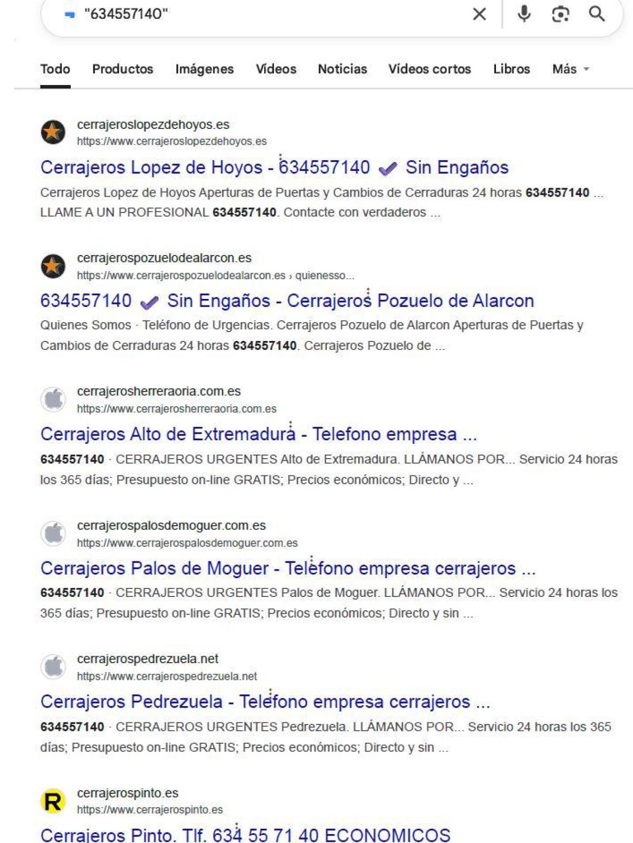 El número de la empresa que presuntamente estafó a Fernando coincide con decenas de nombres de cerrajerías.