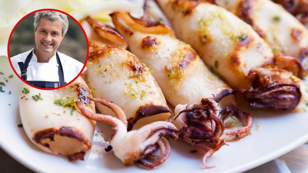 El chef Fernando Canales y unos calamares en un montaje de Cocinillas