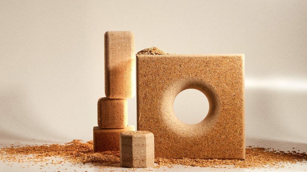 Muestras hechas con el material a base de cascarilla de arroz. Birdmind