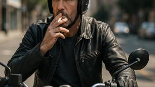 Una imagen de un motorista fumando.