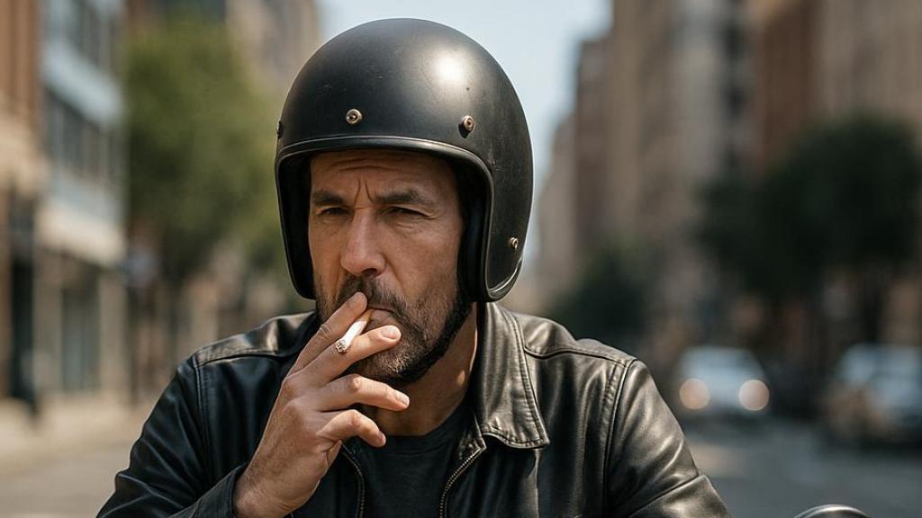 Una imagen de un motorista fumando.