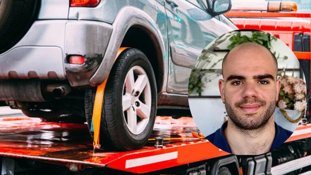 Montaje de Diego Moreno y un vehículo transportado en grúa.