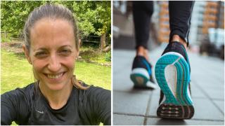 La entrenadora Kate camina junto a una mujer.