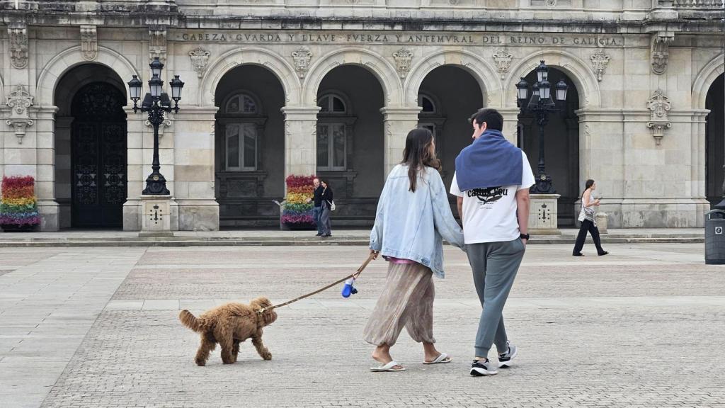Una pareja pasea un perro en A Coruña.