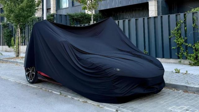 Imagen del modelo bajo una lona.