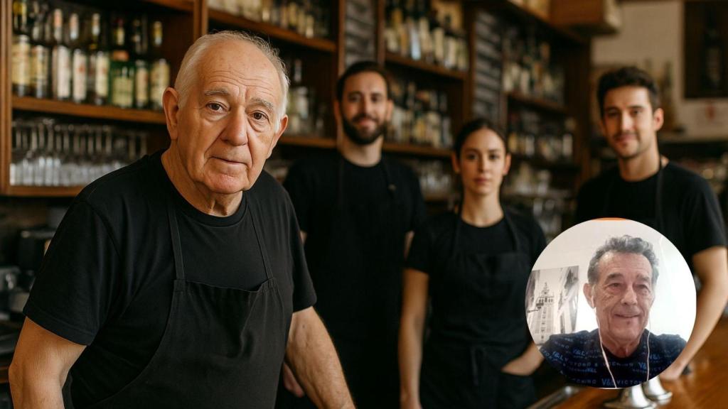 Imagen generada por IA de un jubilado trabajando y Andrés Montero.