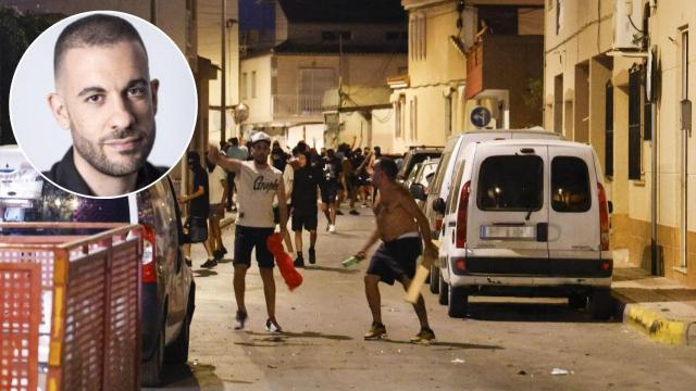Fotomontaje con Roberto Vaquero y los altercados en Torre Pacheco (Murcia) durante este sábado.