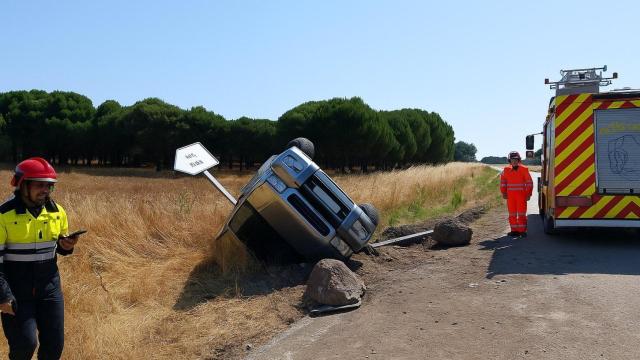 El vehículo tras salirse de la vía y volcar