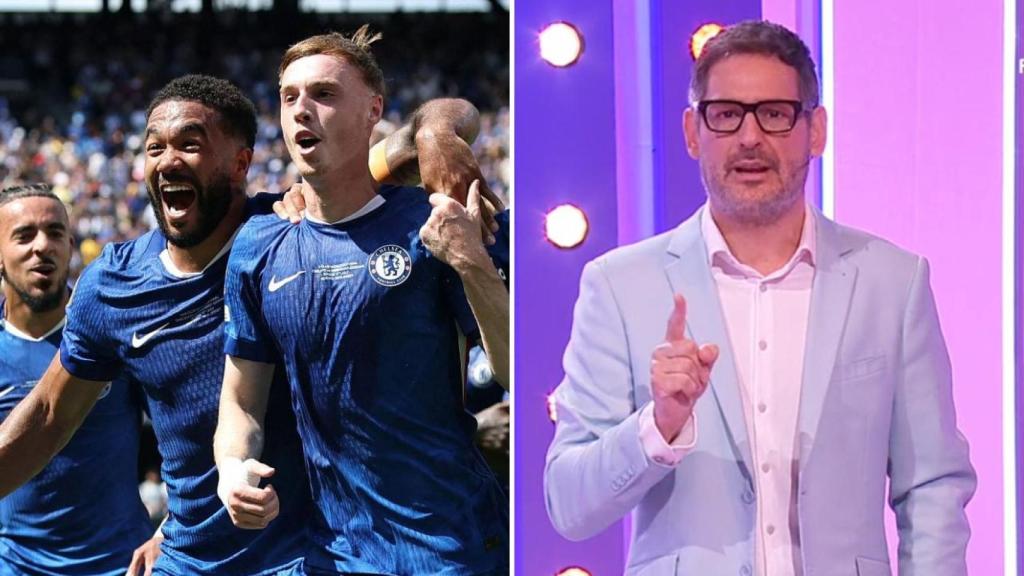 El Chelsea, celebrando un gol, y Eugeni Alemany, presentador de 'Agárrate al sillón'.