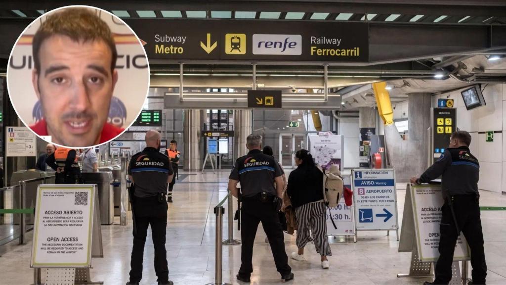 Vigilantes de seguridad en un control en Barajas.