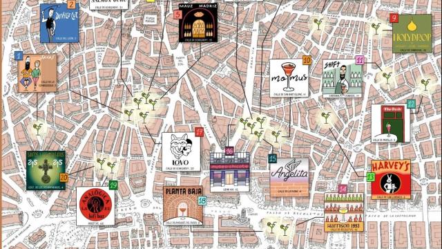 Mapa de coctelerías del centro de Madrid.