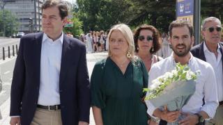 El presidente de la Junta y del PPCyL, Alfonso Fernández Mañueco, junto a la senadora del PP Mari Mar Blanco y el concejal popular del Ayuntamiento de Valladolid Rodrigo Nieto, este lunes