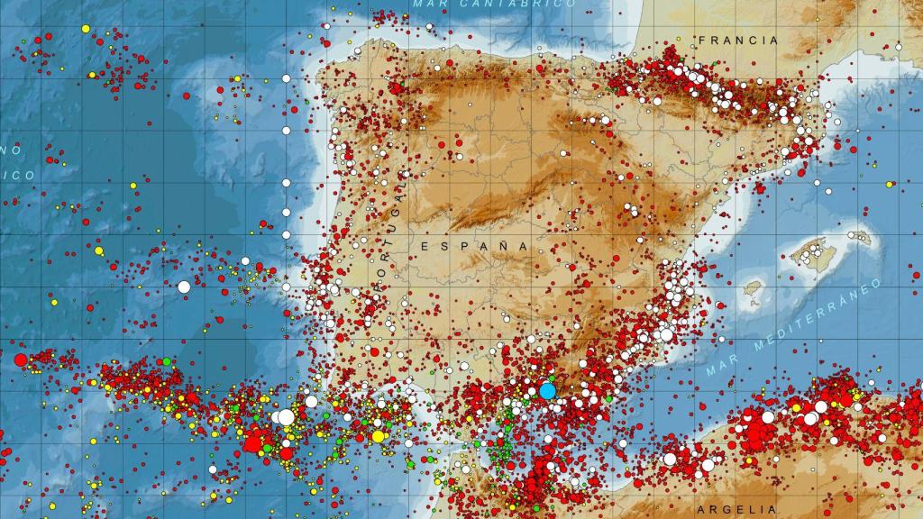 Mapa general de la sismicidad de la Península Ibérica.