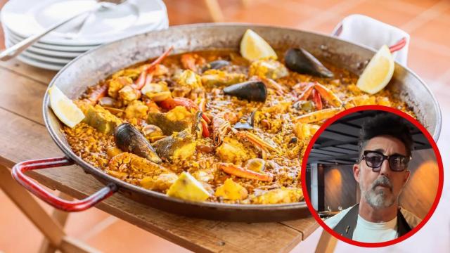 Edu Torres junto a una paella en un montaje de Cocinillas