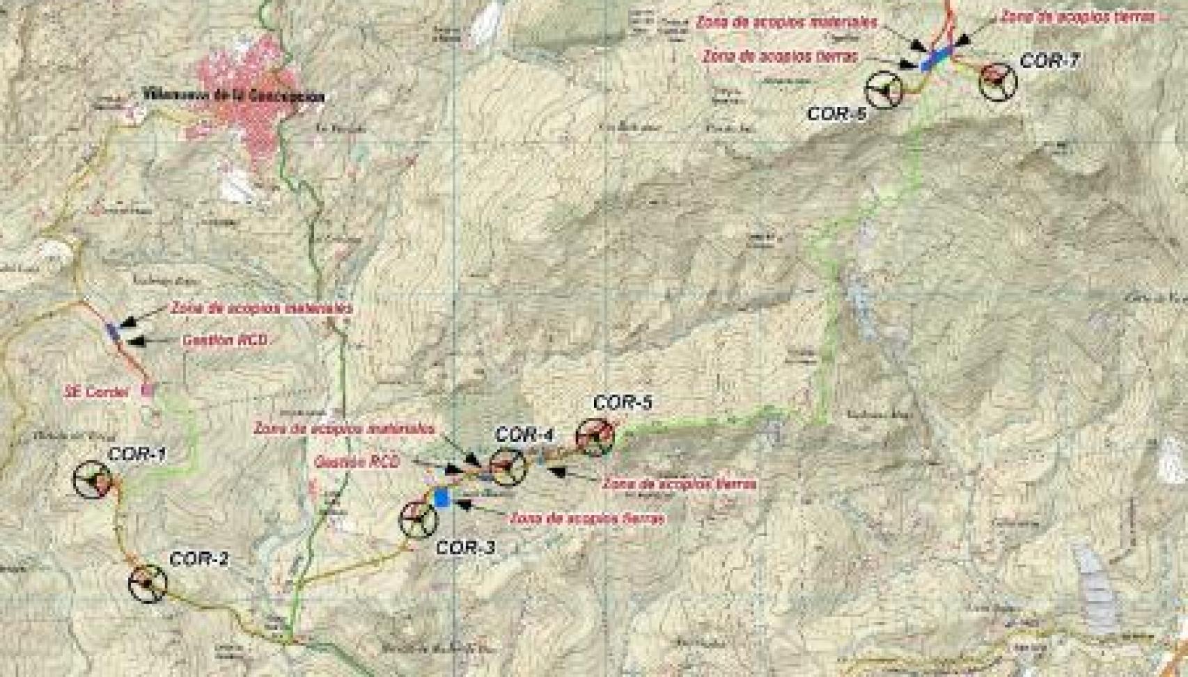 Localización de los aerogeneradores propuestos en uno de los proyectos.