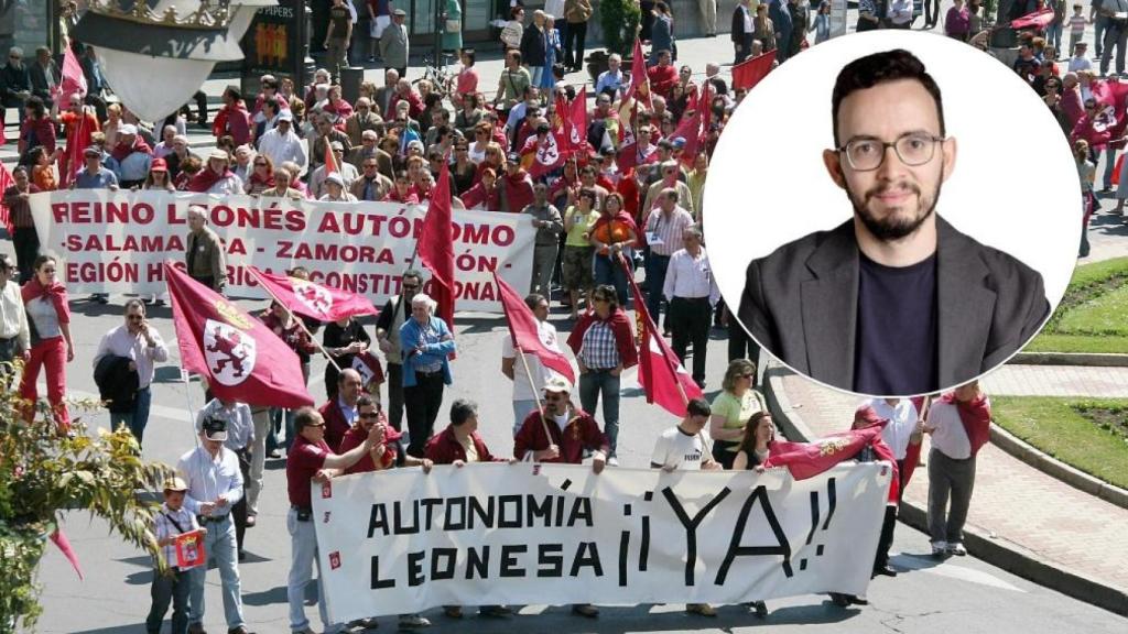 El nuevo coordinador general de Podemos Castilla y León, Miguel Ángel Llamas, y una manifestación por la autonomía leonesa, en un montaje de EL ESPAÑOL