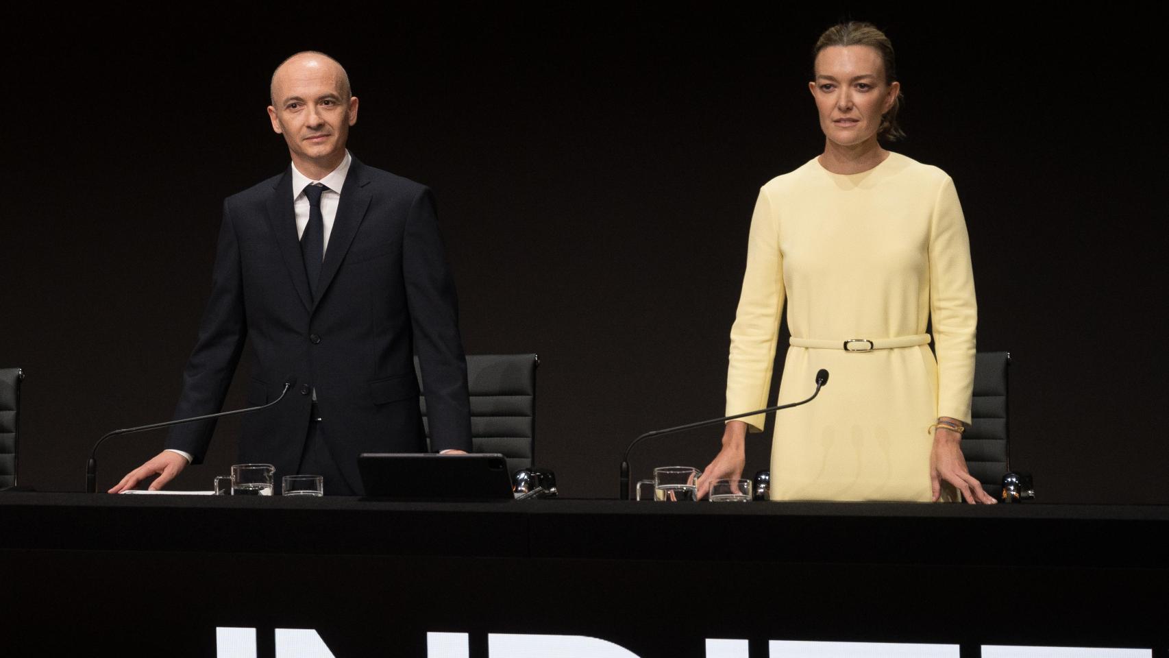 El consejero delegado, Óscar García Maceiras y la presidenta de Inditex, Marta Ortega, en la junta de accionistas de 2025.