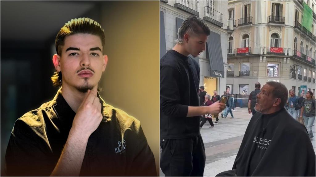 El peluquero Samuel junto a Manuel, el hombre de 60 años al que ha cambiado la vida.