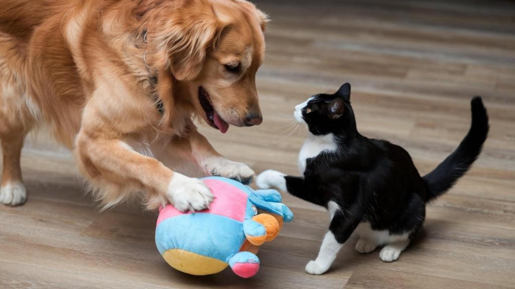Un perro y un gato jugando