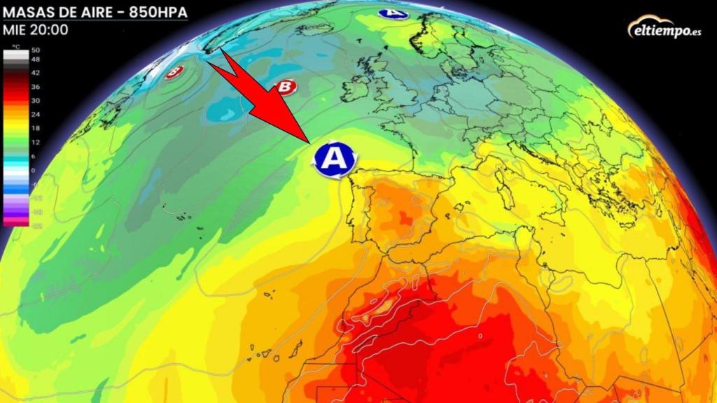 La posición del anticiclón al comienzo de la canícula en España. ElTiempo.es.