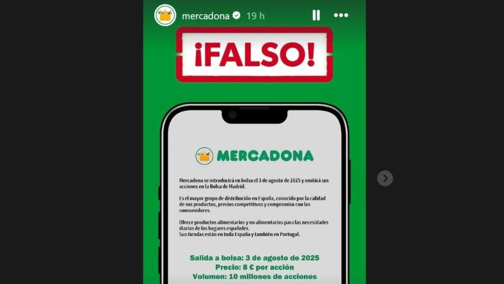 Desmentido de Mercadona, compartido a través de Instagram. EE