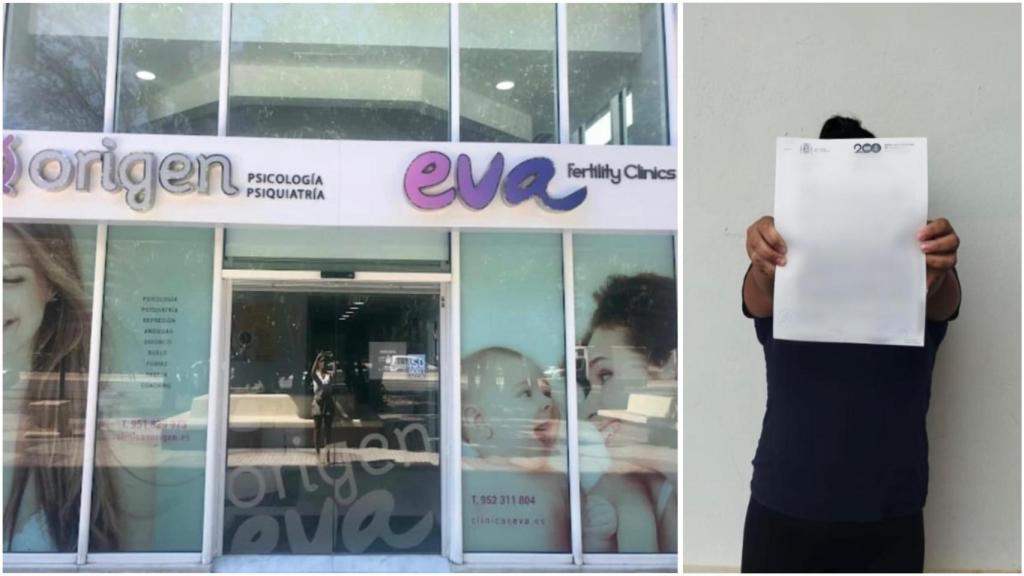 La clínica Eva Fertility y Amanda con su denuncia en un montaje.