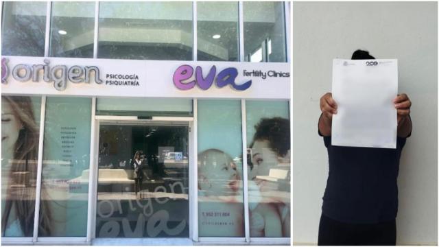 La clínica Eva Fertility y Amanda con su denuncia en un montaje.