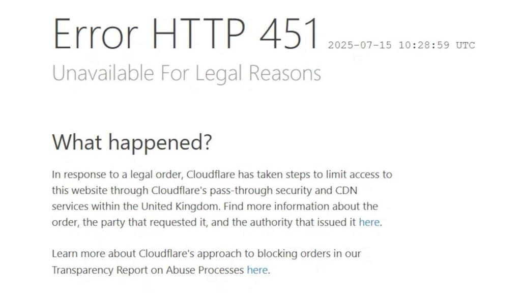Error 451 de página bloqueada por motivos legales