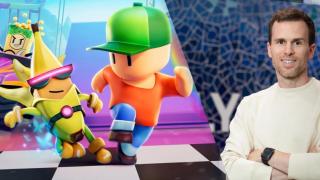 Fotomontaje del juego Stumble Guys y  Hugo Pibernat, CTO de Playgami y responsable de Scopely en Barcelona.