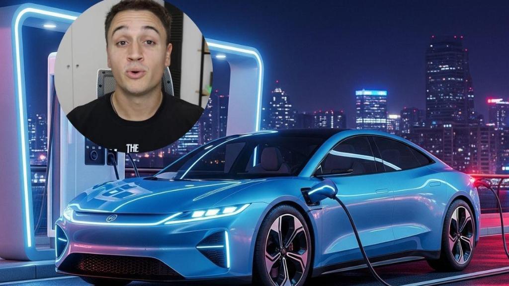 Imagen generada con inteligencia artificial de un coche eléctrico y Borja Pérez.