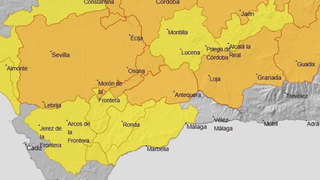 Mapa de la Aemet con los avisos por calor en Andalucía.