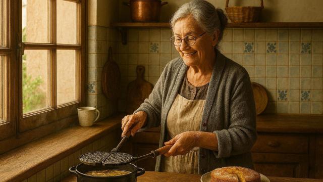 Abuela cocinando en una antigua cocina.