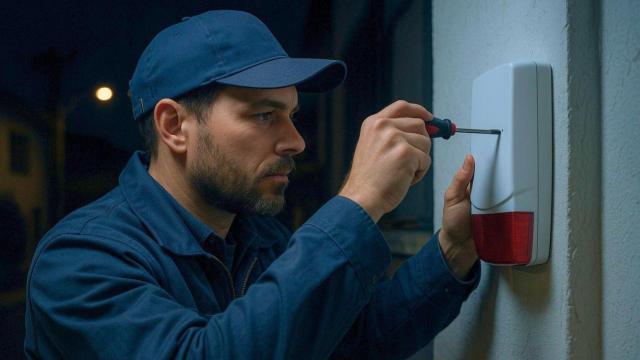 Técnico de alarmas trabajando de noche.