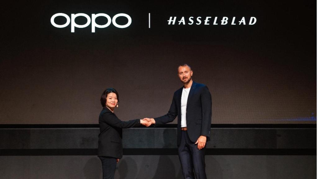 Olivella Liu, directora global de marca de OPPO, y Bronius Rudnickas, gerente de marketing global de Hasselblad