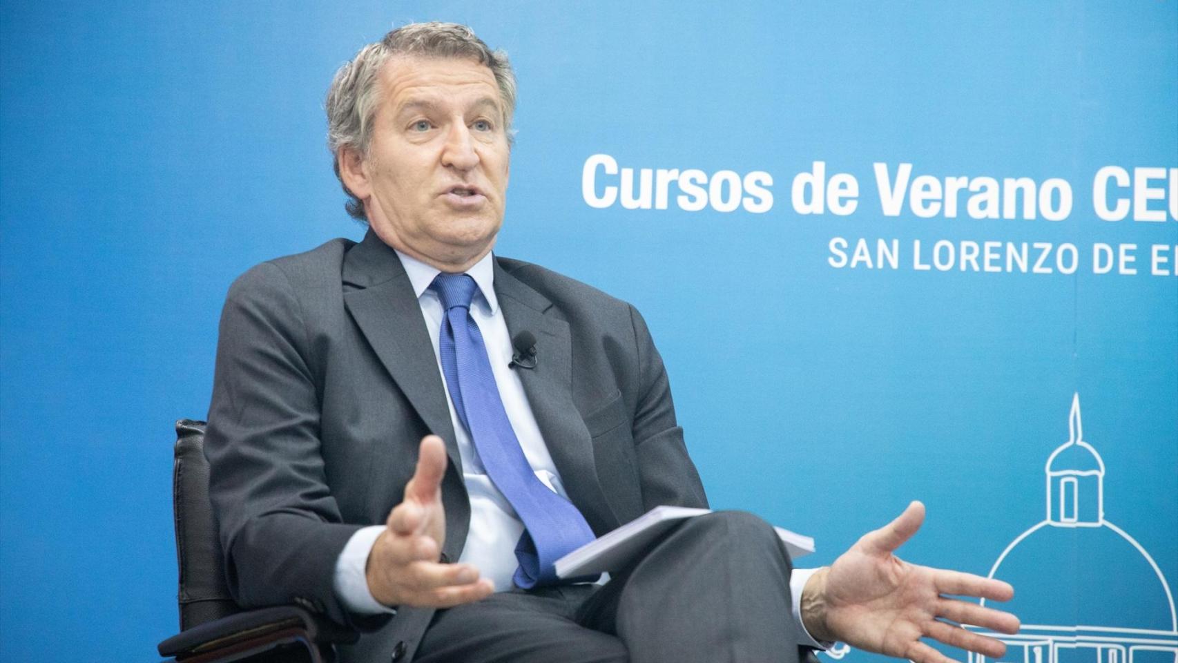 Alberto Núñez Feijóo, este miércoles, durante una conferencia en la Universidad de Verano del CEU.