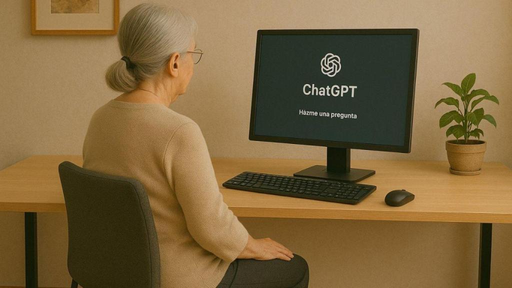Una mujer jubilada consultando en el ordenador la herramienta ChatGPT.