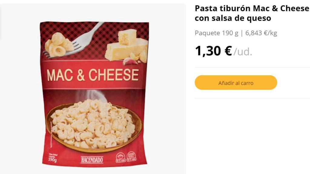 Pasta tiburón Mac & Cheese Hacendado con salsa de queso.