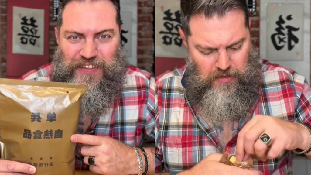 El creador de contenido de @aruncinante probando una ración militar de comida de china.