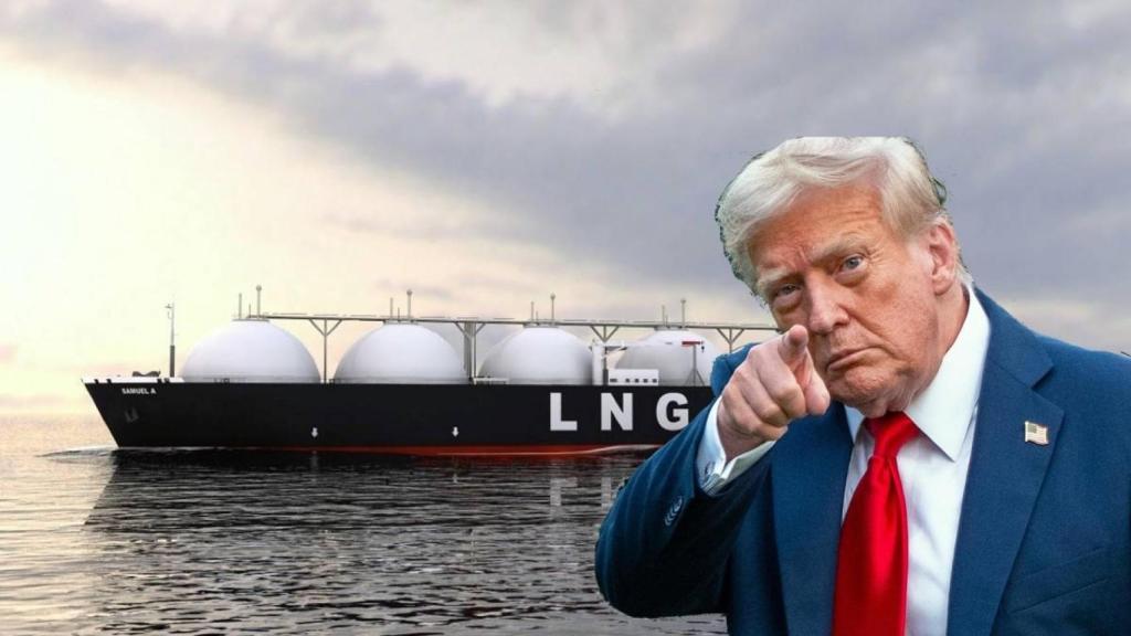 Fotomontaje del presidente de los EEUU, Donald Trump, con el fondo de un metanero de GNL.